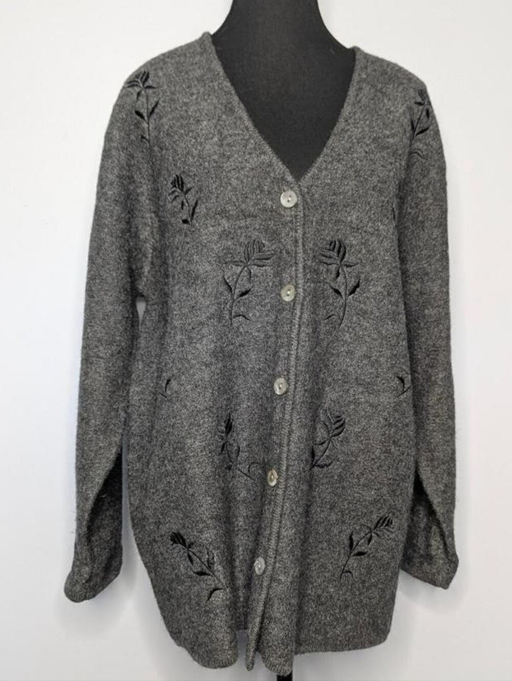Vintage Rosanna Woman Embroidered Wool Knit Cardigan Sweater 1X Grey